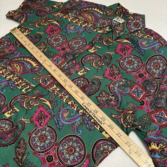 Vintage Paisley Button Down Shirt Women S Kelly Green Artsy Colorful Old Money - Picture 10 of 13